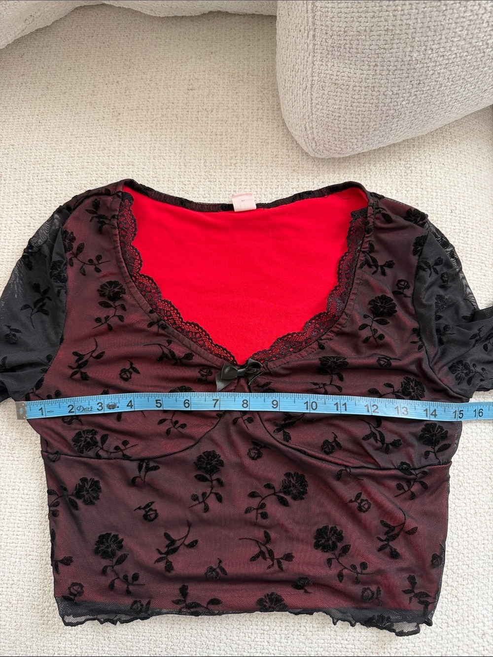 Sheer Black Floral Mesh Wrap Top with Burgundy Lining - Picture 9 of 9